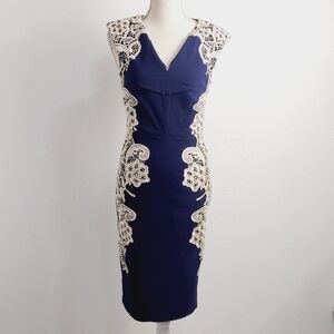 London Dress Company Navy Cream Lace Cap Sleeve Bodycon Mini Dress Size: 4